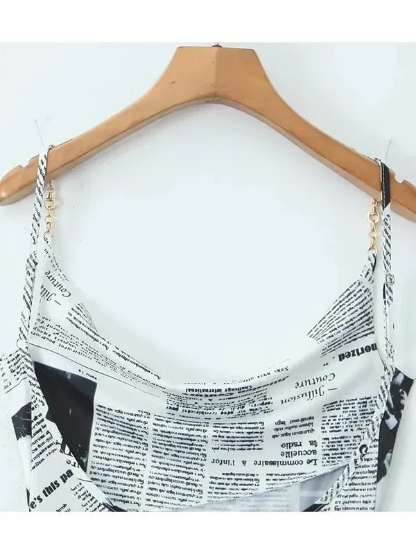 New Women Newspaper Letter Print Irregular Hem Sling Dresses Fashion Backless Thin Straps With Chain Summer Sexy Dress KJH2