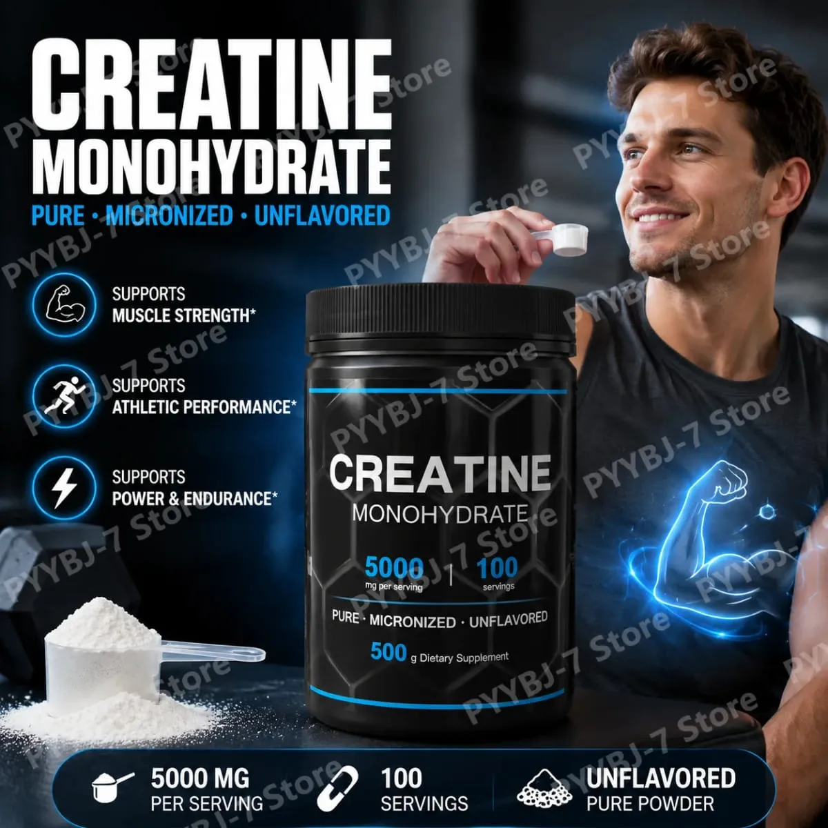 Pure Micronized Creatine Monohydrate Powder 5000mg Per Serving Sports Exercise Performance Support Supplement 100 Servings