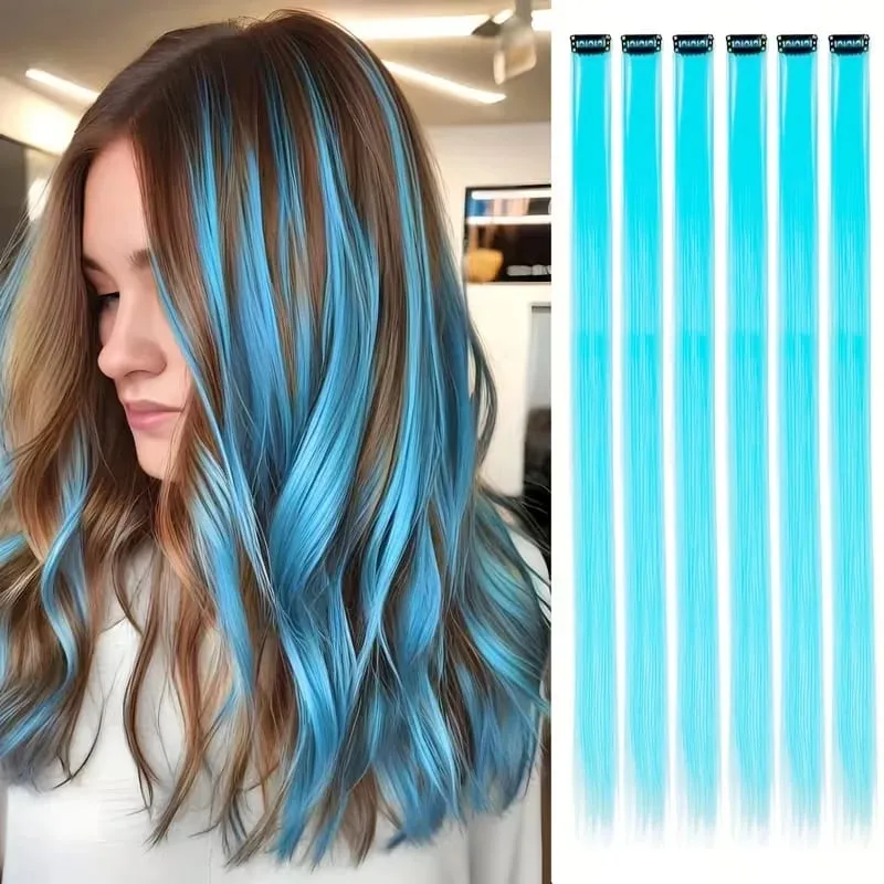 22Inch Synthetic 6pcs Long Straight Hair Extension Colored Rainbow High-Temperature Fiber Hairpiece for Women Daily Party Use
