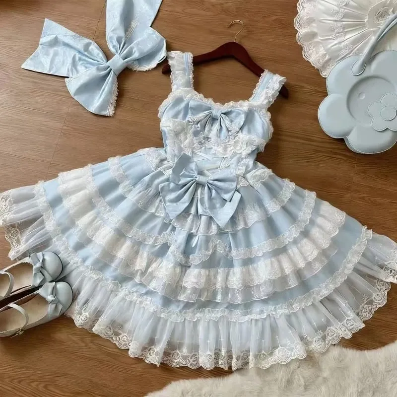 Lolita Kawaii Y2k Long Sleeve Strap Dress Japanese Knee-Length Women Elegant Lace Bow Patchwork Ball Gown Sweet All Season