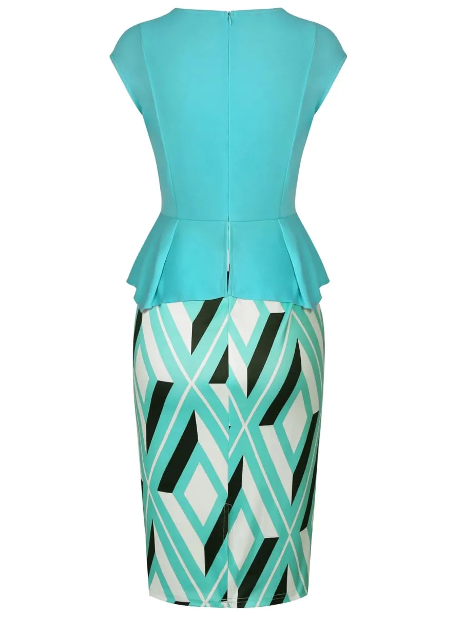 Womens Geometry Print Square Neck Peplum Work Office Knee Length Patchwork Business Casual Party Pencil Bodycon Sheath Dress