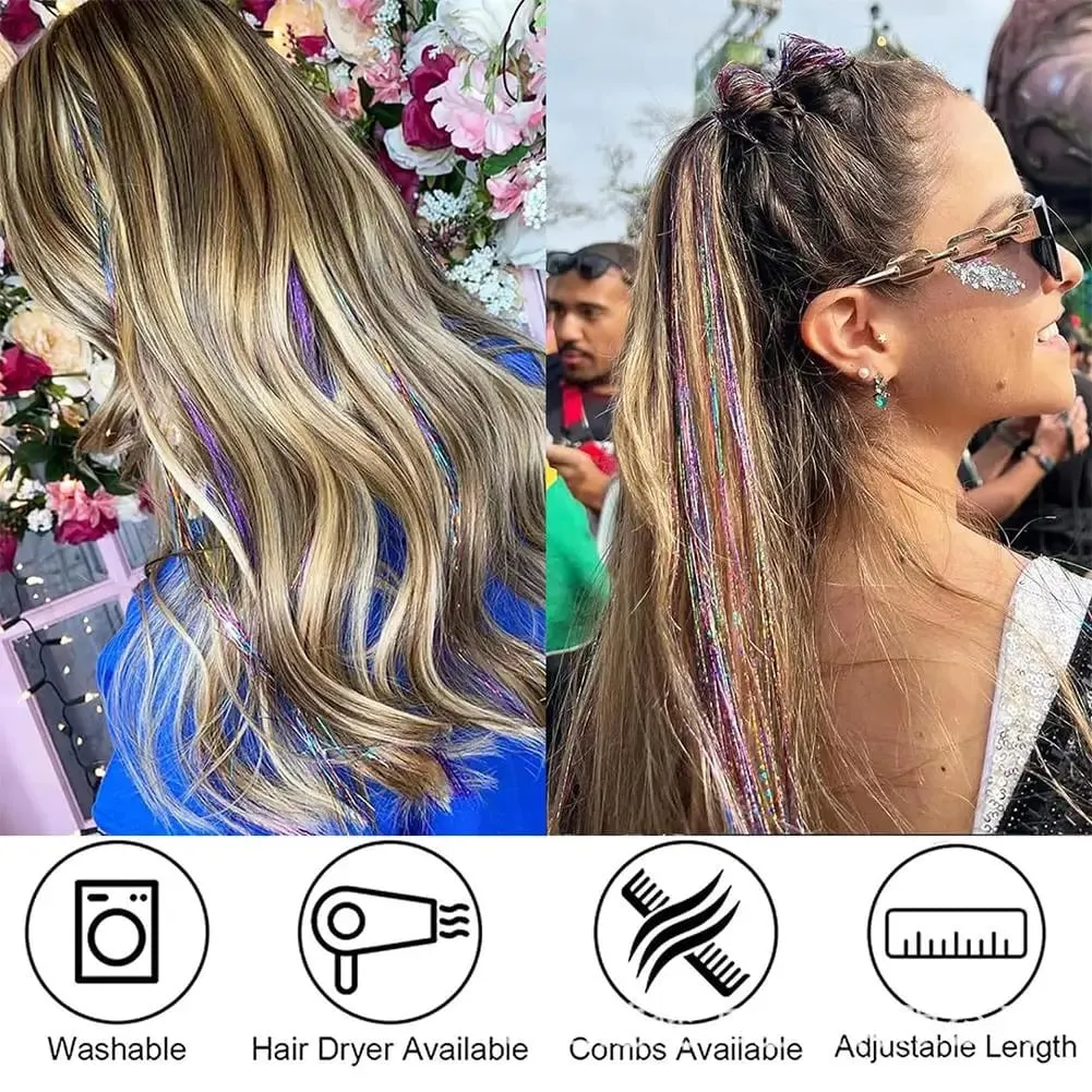 12Pcs Hair Tinsel Clip Glitter Tinsel Hair Extensions Synthetic Clip In Sparkle Music Girl Women Festival Party Hair Accessories