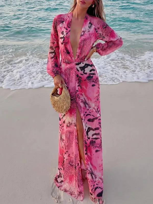 Nibber Lantern Sleeve Tiger Stripe Print Long Dress Woman Autumn Trend Deep V-Neck Sexy Backless Beach Party Elegant Vestidos