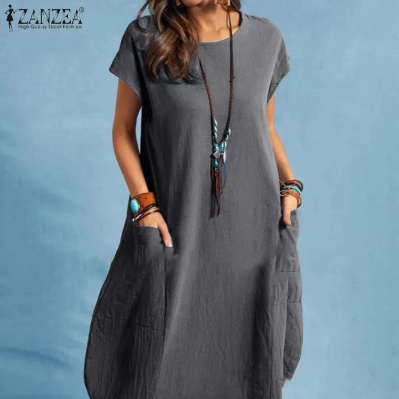 Summer Casual Cotton Dress for Woman O-Neck Short Cap Sleeve Loose Cotton Knee-Length Dress Vacation Day Wear Robes Femme