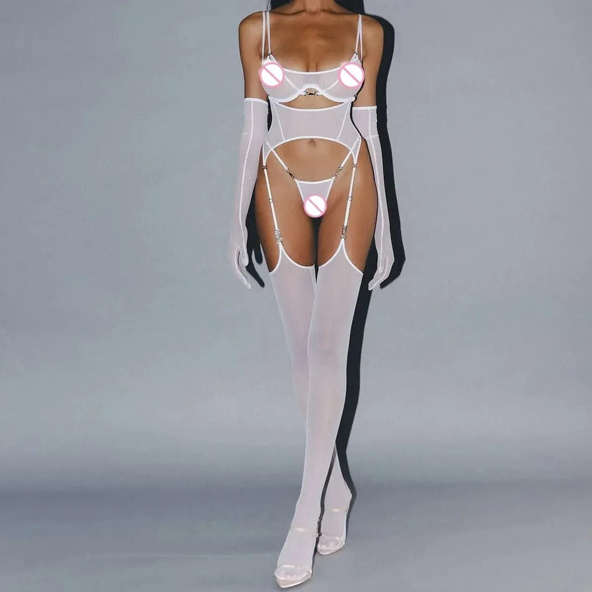2025 Cross border Mesh Comfortable Breathable Belt with Stocking Body Shaping Ultra Thin Sexy Split Five Piece Set