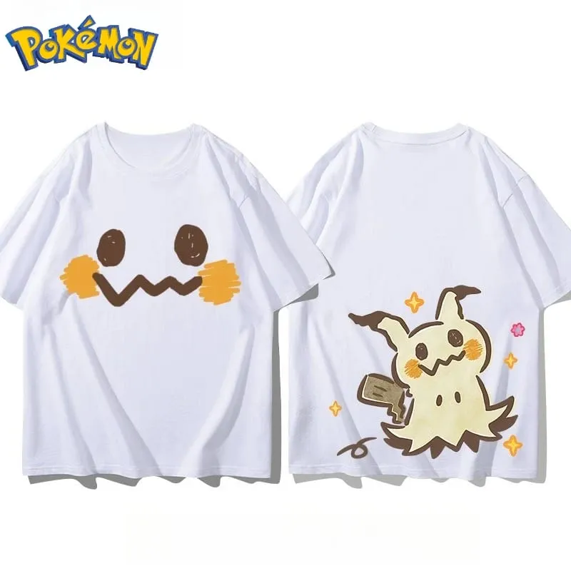 Nieuwe Pokémon Mimikyu voor- en achterkant bedrukt T-shirt voor heren en dames zomer nieuwe losse casual veelzijdige top met korte mouwen