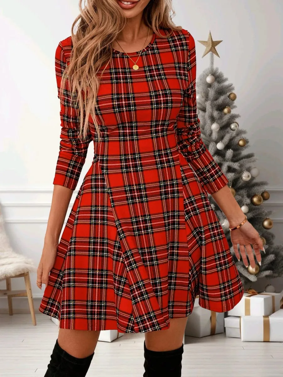 Women's Cute Red Plaid Long Sleeve Dress Christmas - Vibe Swing Mini Dress Super Comfy for Holiday Parties & Daily Wear