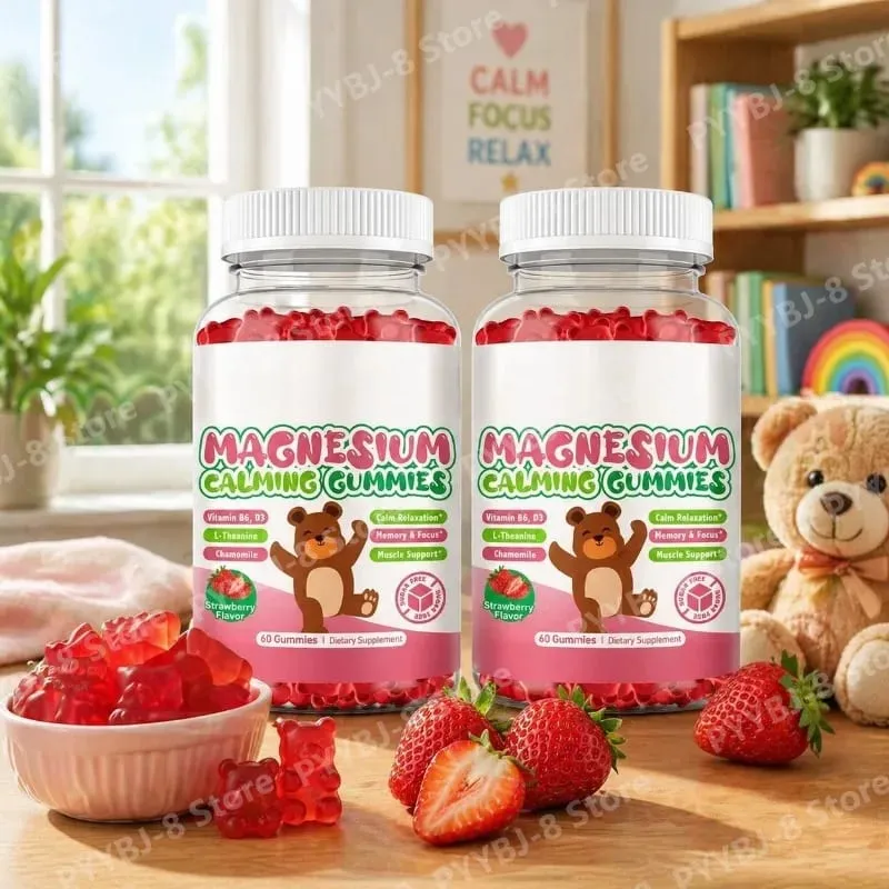 Magnesium Glycinate Gummies Strawberry Flavor with L-Theanine Vitamin B6/D3 Helps Reduce Stress and Support Muscle & Bone Health