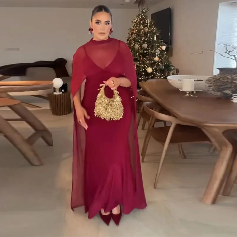 Sheer Cape Women's Evening Dresses Elegant Slim V-neck Backless Sleeveless Hip Package Dress For Woman 2026 Lady Party Vestidos