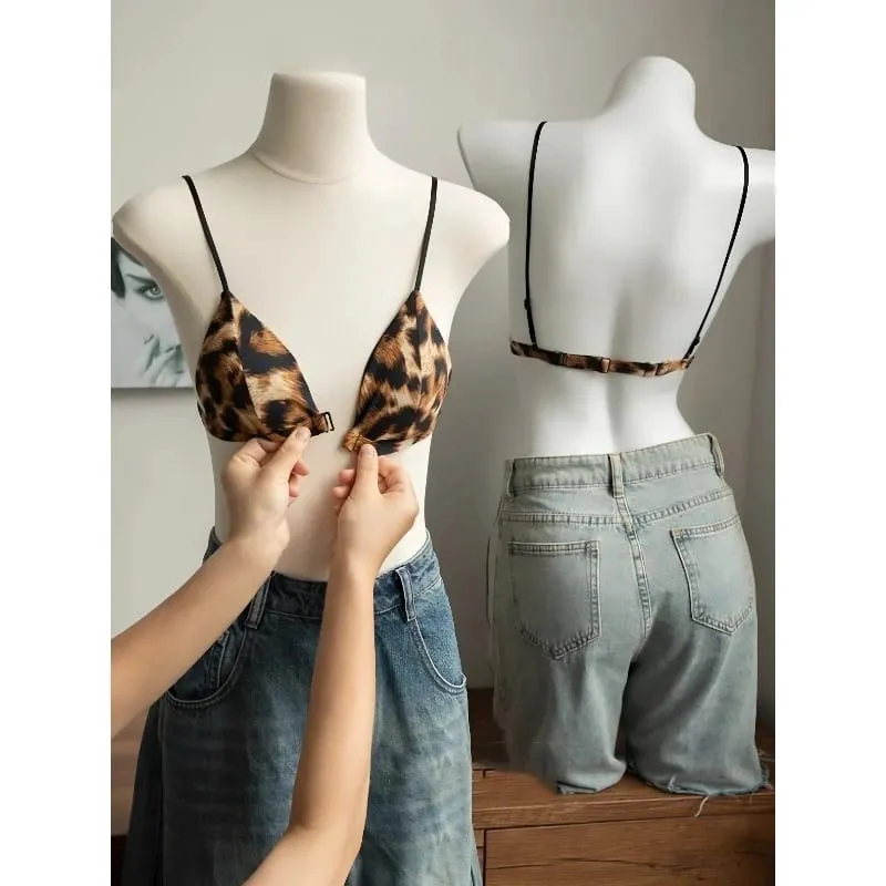 Hot Sale Leopard Print Bra French Triangle Front Closure Thin Beauty Back Spaghetti Strap Comfy Lingerie For Women Summer Daily