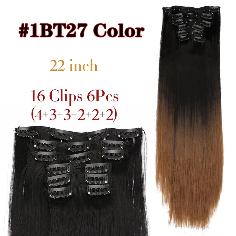 Black Clip In Extensions Straight 22" Long Synthetic Thick Clips On Hair Piece For Women 6Pcs/Set Curly Full Head Weddings Daily