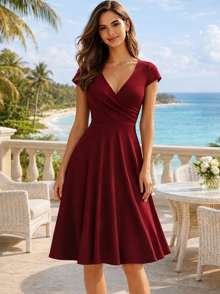 Abito da donna elegante girocollo estivo manica corta tinta unita linea A al ginocchio abito a vita alta spavaldo matrimonio festa partenza casual