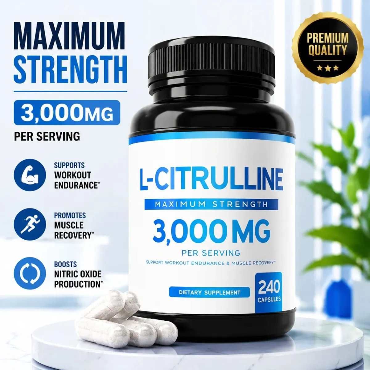 L-Citrulline 3000mg Supplement for Men & Women Vegan Amino Acid Sports Support for Workout Pump Muscle Recovery 60 Servings