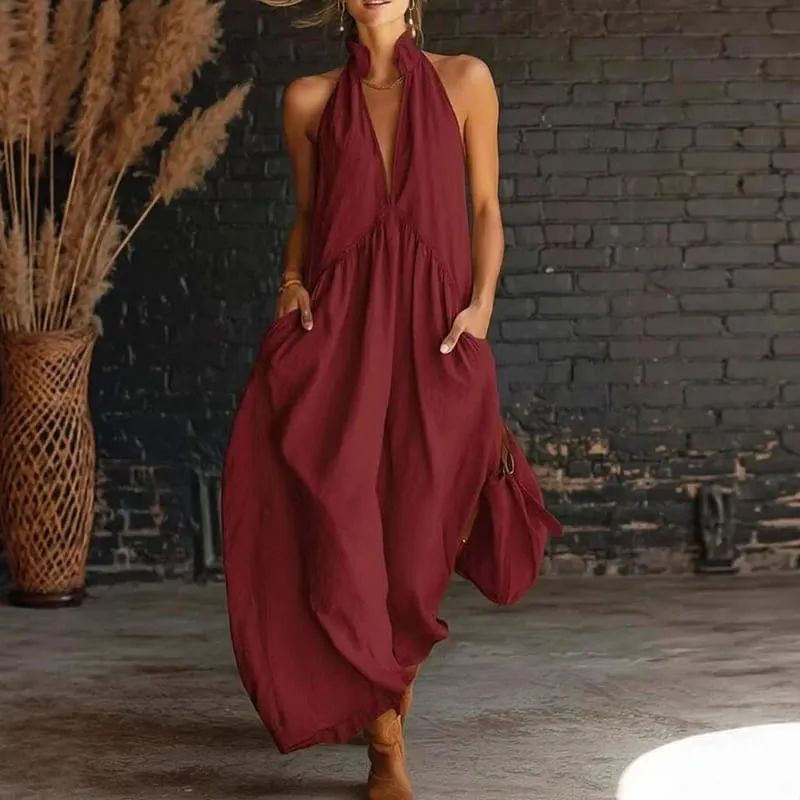 Summer Women Elegant Dress V Neck Sleeveless Pocket Loose Street Style Long Dresses For Women Casual Beach Holiday Maxi Dress