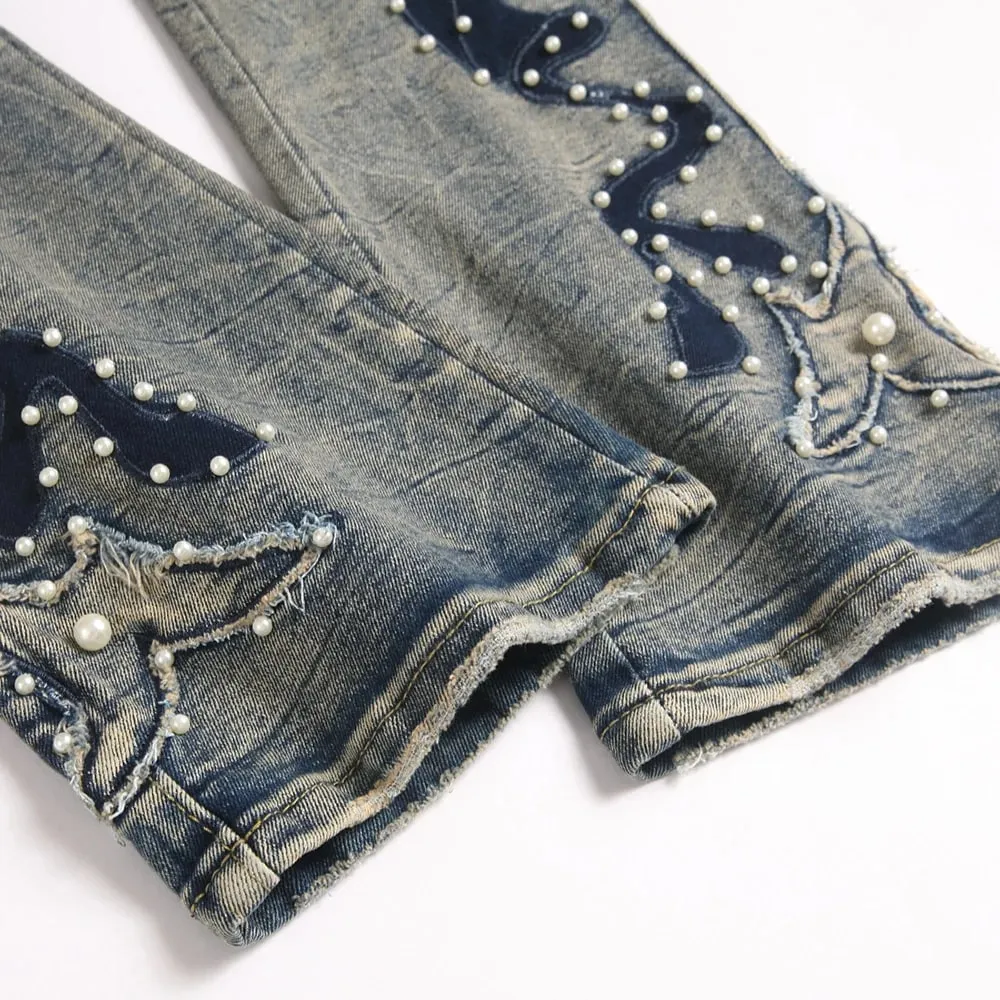Men's Pearl Boot Cut Denim Jeans Embroidery Patch Slim Flared Pants Casual Streetwear Vintage Blue Trousers