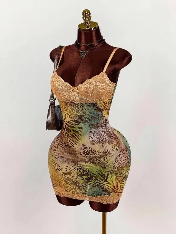 Women's Lace Sexy Dresses Summer Retro Print Slim Fit Resort Style Dress Spaghetti Straps High Waist Backless Mini Clothing