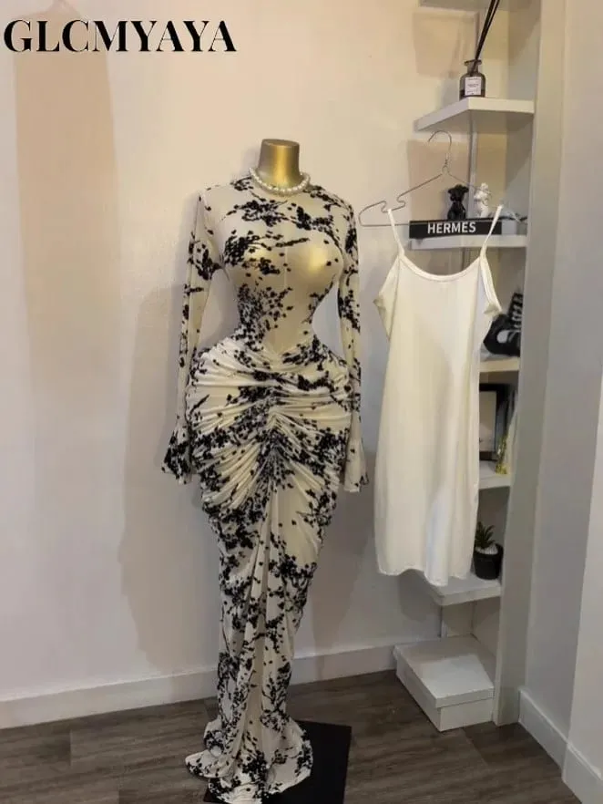 CM.YAYA Women Long Sleeve Stacked Mesh See Though with Lining Bodycon Long Dress 2025 Autumn Evening Birthday Sexy Party Dresses
