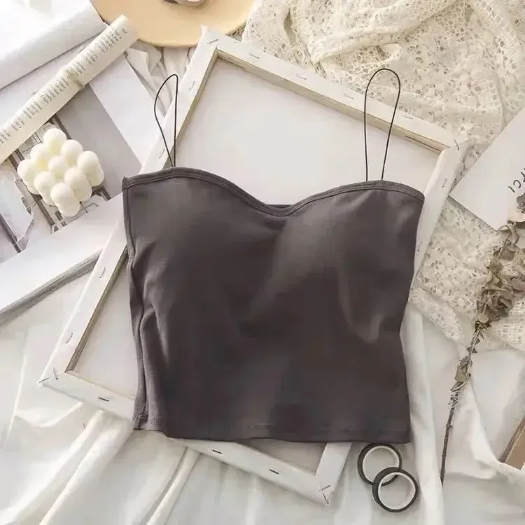 Atasan Vest Musim Panas Wanita Tanpa Lengan Kapas Atas Tiub Berbalut Tapak Rompi Atasan dengan Pad Payudara Atasan Anjal Lembut Yang Boleh Ditanggalkan Lancar