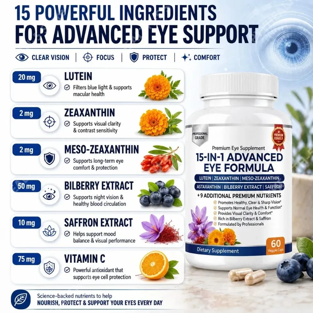 Lutein Zeaxanthin Astaxanthin Capsules with Bilberry Saffron Daily Eye Nutrition Supplement for Adults 60 Veg Capsules