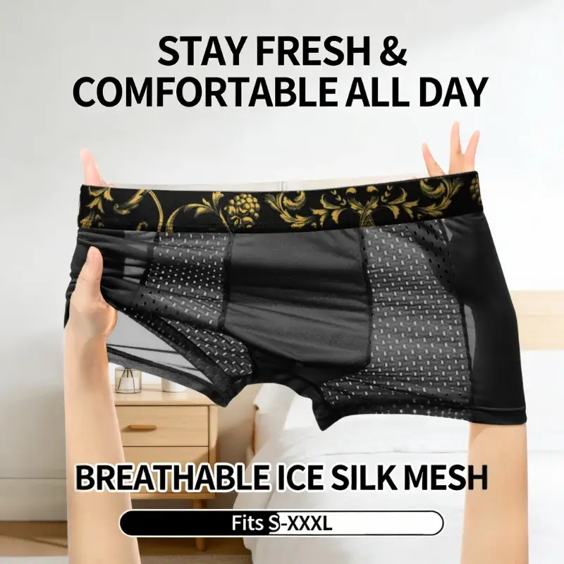 ชายผ้าไหมน้ำแข็ง BoxerBriefs ทองดอกไม้เข็มขัด Breathable ชุดชั้นใน Quick-DRY Skin-Friendly กางเกงกีฬา PLUS ขนาดสำหรับฤดูร้อน