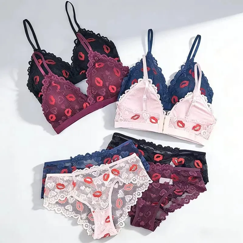 Conjunto de sutiã de renda sexy conjunto de roupa interior feminina sem fio sem costura sutiã oco e calcinha bordada lingerie íntima para mulher