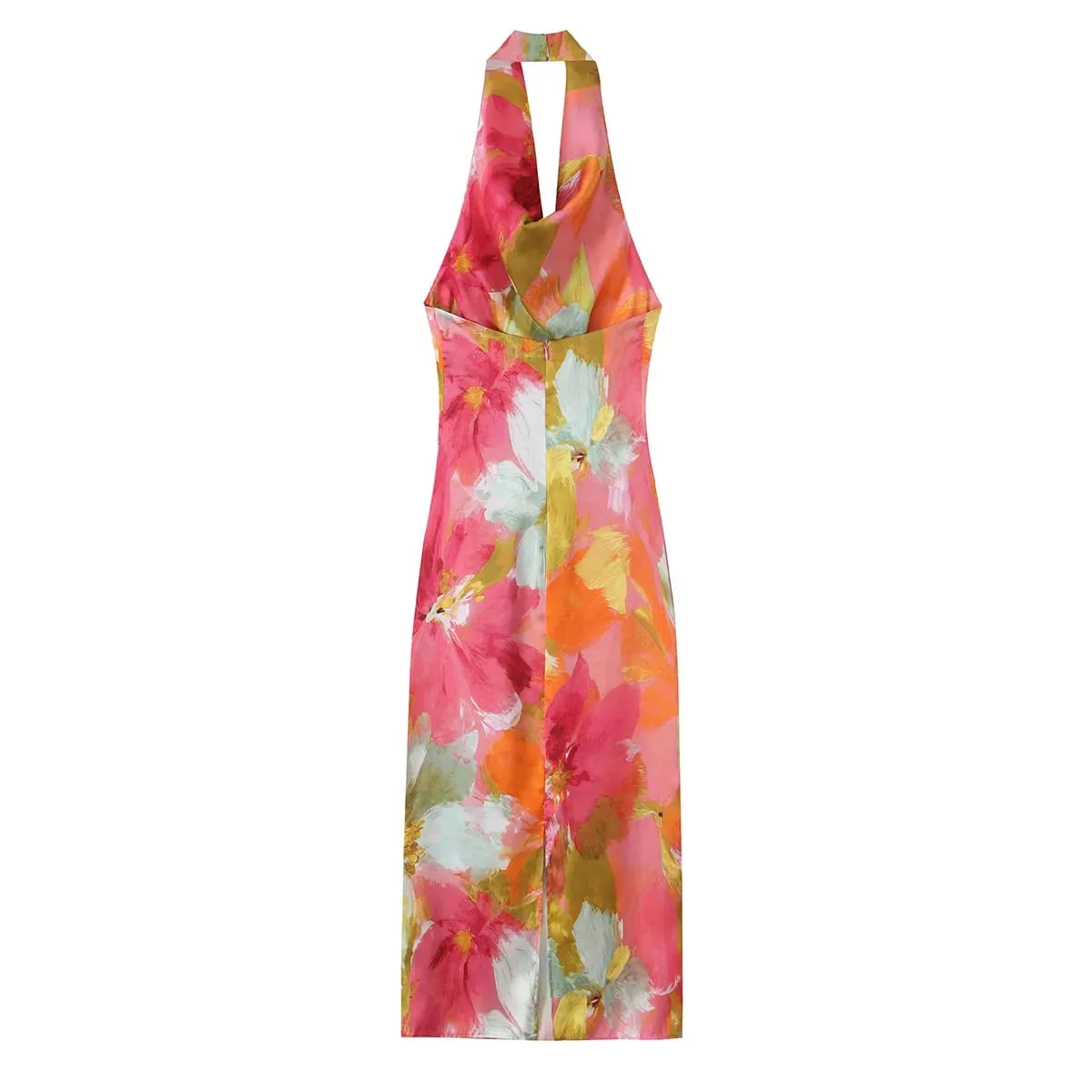 Willshela Women Fashion Printed Backless Zipper Midi Dress Vintage Halter Neck Sleeveless Female Chic Lady Dresses