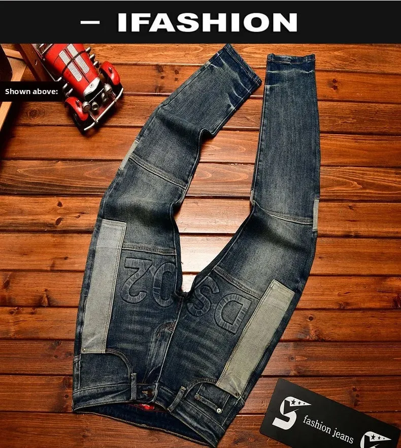 Fashionable high-end jeans for men slim fit small feet washed retro patchwork design trendy and luxurious men's pants