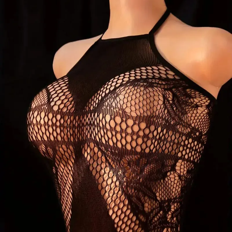 Women's Black Lace Fishnet Halter Neck One-Piece Bodystocking Wireless Unlined Stretch Mesh Lingerie One Size 8 Styles