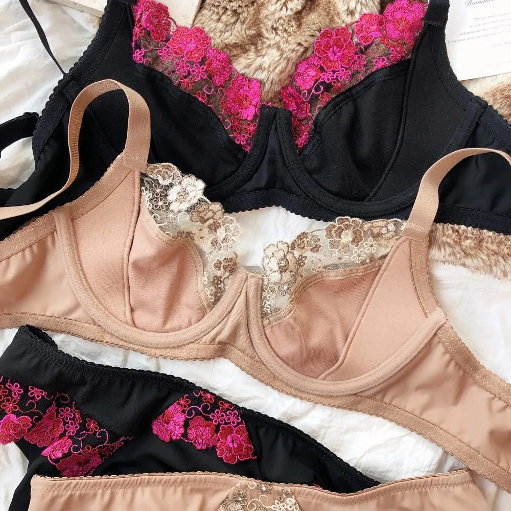 French Lace Flowers Embroidery Bra Set for Women Ultra Thin Lingerie Sexy Underwire Push Up Bras Plus Size BCDEFG Cup Underwear