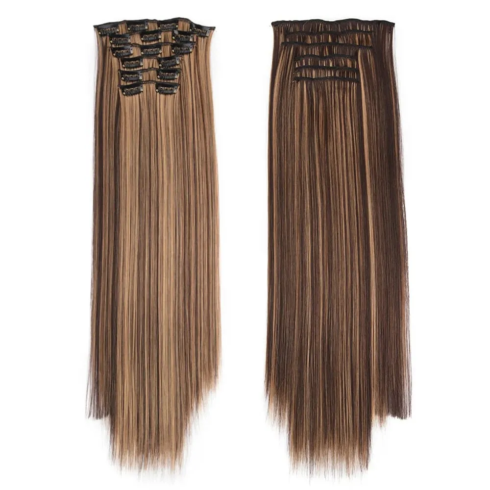 6PC Long Clip in Hair Extensions Brown Synthetic Straight Clip-in Hairpieces 24 inch Straight Hair Piece Extensions for Women