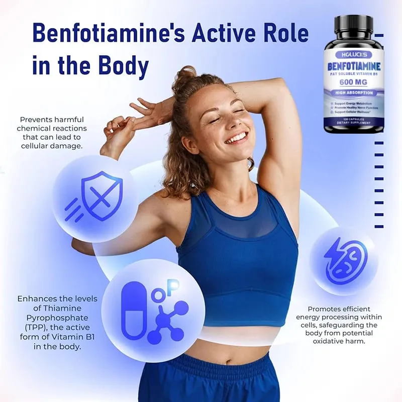 Benfotiaminové kapsle s vitamínem B1 rozpustným v tucích podporují zdraví nervů, energetický metabolismus a buněčnou pohodu pro muže a ženy