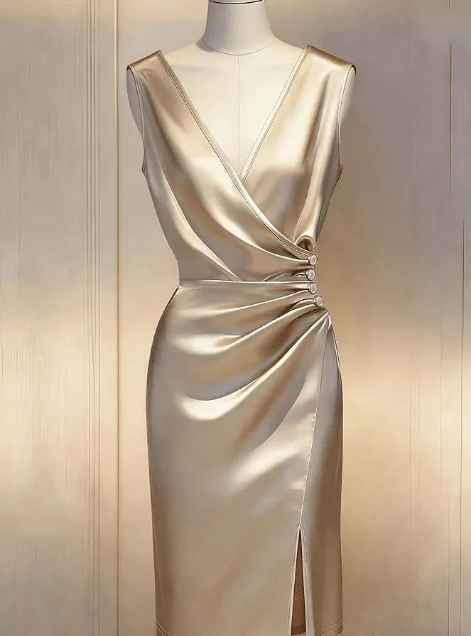 Women'S New V-Neck Short Sleeve Pleated Waist Button-Decorated Side Slit Fitted Dress Satin Dress Elegant Women'S Dress Champagn