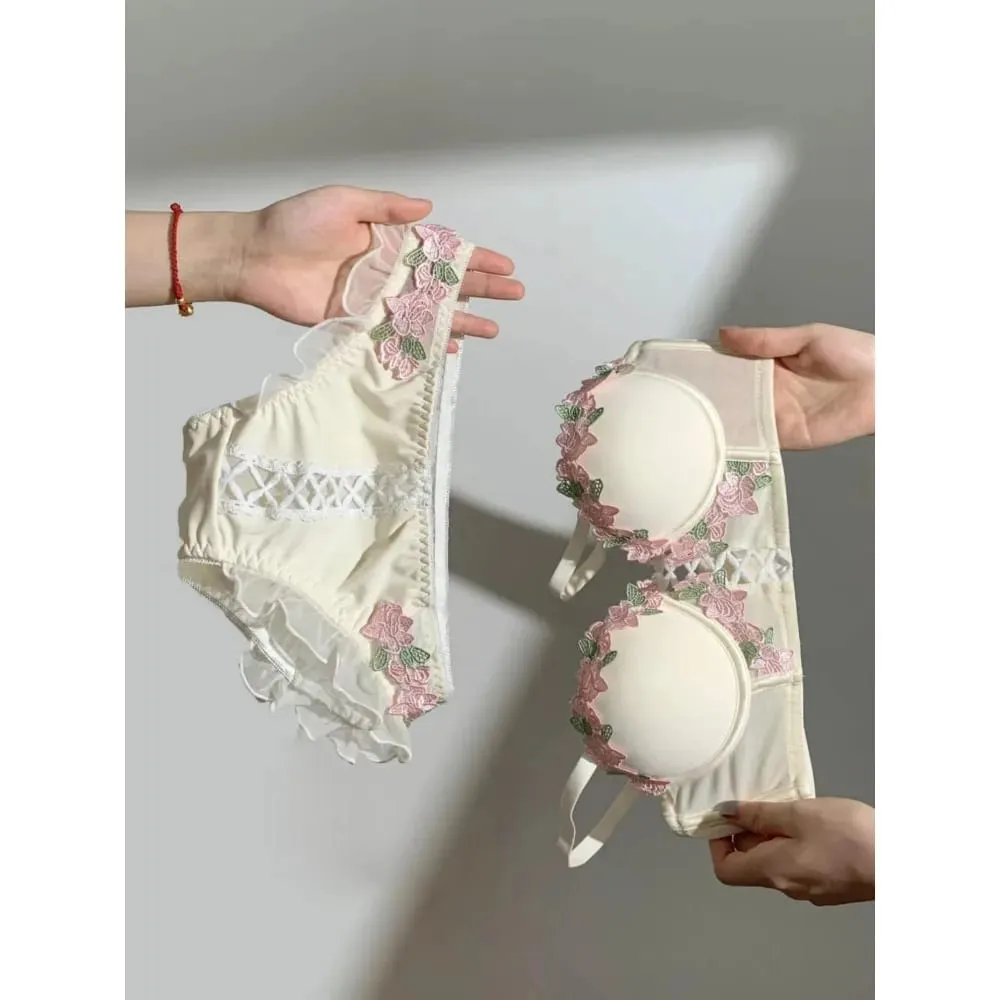 US Hot Sweet Japanese Lace Women Lingerie Set Pure Desire Sexy Push‑Up Wireless Thin Cup Breathable Light Summer Bra 32‑38 Size