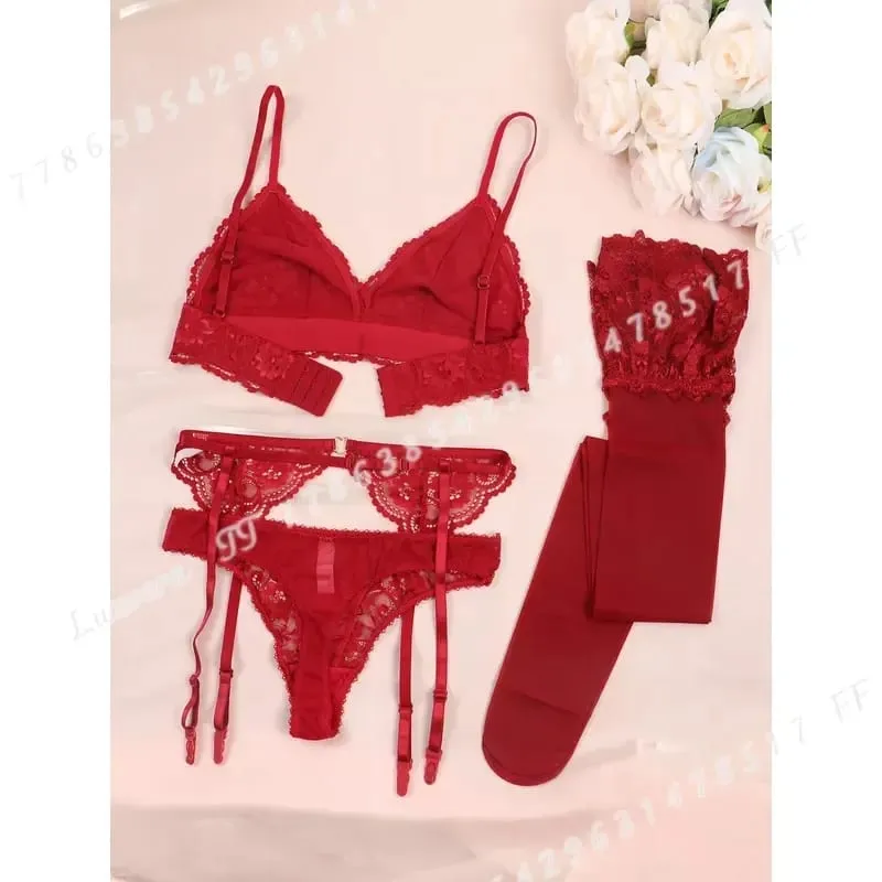Varsbaby Women Lace Bra Set Non Padded Bra Panty Garter Stockings Summer Underwear Lingerie Sexy