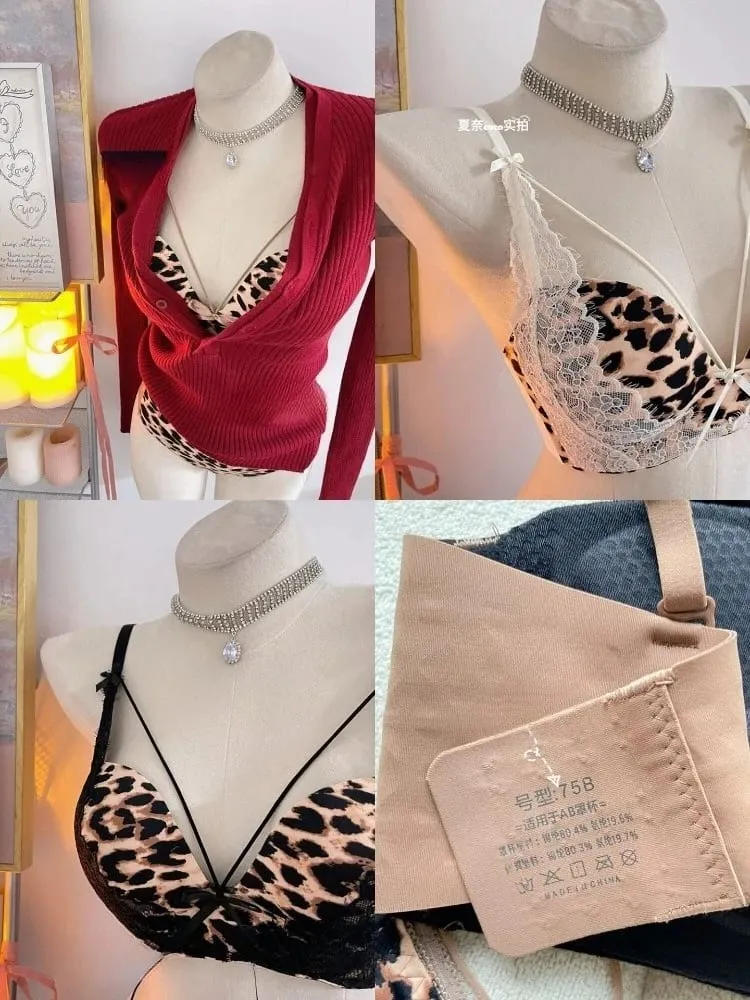 New Sexy Leopard Print Deep V Push Up Bra Lingerie Set for Women Small Bust Push Up Effect Anti Ptosis Daily Wear 32-38 Bra Set