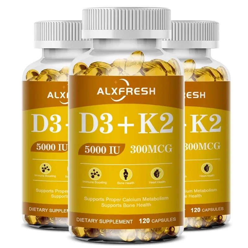 D3K2 Vitamin Capsules 5000 IU 300 mcg for Calcium Absorption Bone Teeth Immune & Heart Health Non-GMO