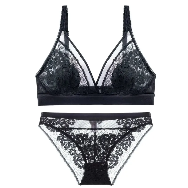 Women's Bra Set Sexy Breathable Lace Thin Gathered Push Up Underwear Large Size Wireless Soft Confort Lingerie Set