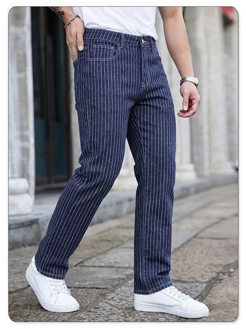 Light Luxury Blue White Striped Jacquard Slim Elastic Fit Straight Leg Jeans Business Casual Style Commuting Denim Pants
