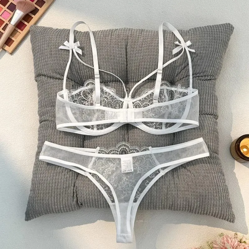 2 피스 여성용 블랙 편안한 경량 보우 여성용 레이스 자수 반투명 조절 가능한 스트랩 브래지어와 팬티 세트