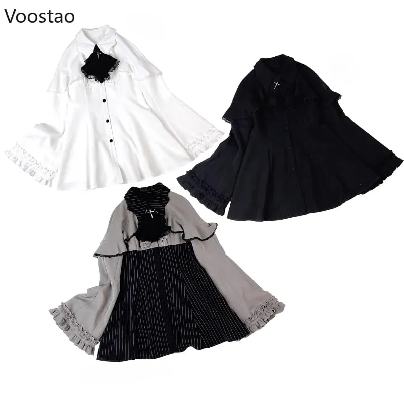 Vintage Lolita Tarzı Mini Elbise Seti Kadın Gotik Y2k Gevşek Flare Kol Sahte İki Adet Parti Elbiseler Kadın Kawaii Sevimli ...