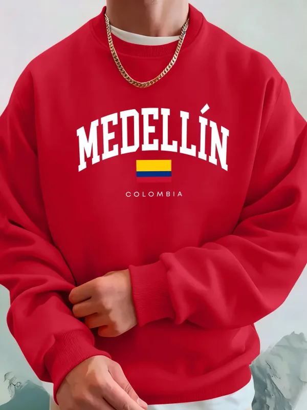 Medellin Colombia Letter And Flag Printed Men'S Hoodies Comfortable Fleece Sweatshirts Soft Fashion Tops Street Warm Clothes