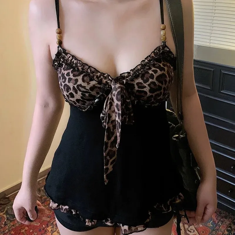 American Vintage Sexy Leopard Vest Y2k Harajuku Slim Lace Patchwork Summer New Streetwear Beach Party Sleeveless Women's Tanks