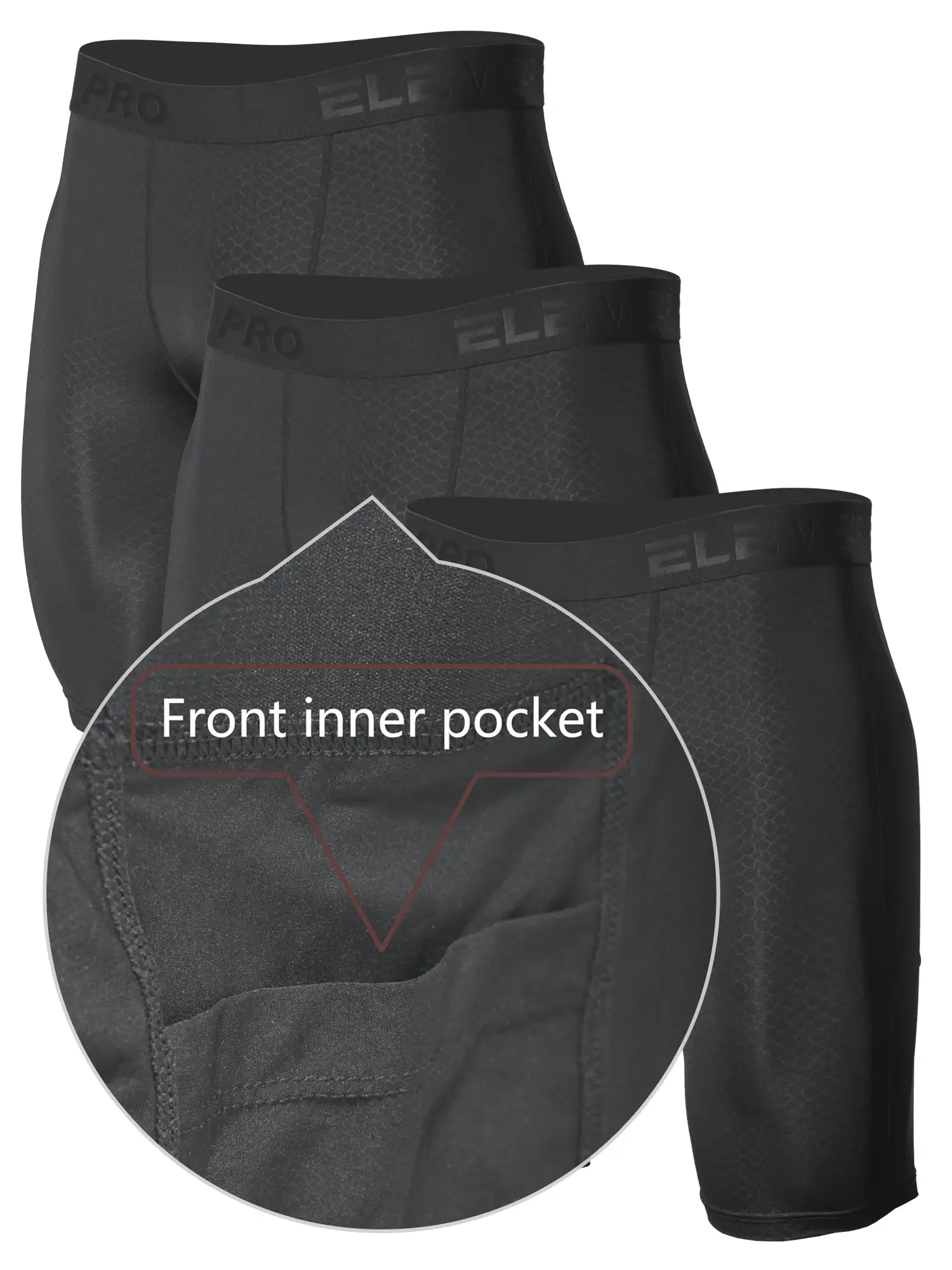3pcs Men's Underwear Sports Running Fitness Side Pockets,Front Inner Pocket,Snake Pattern Embossed,Moisture Wicking Quick Drying