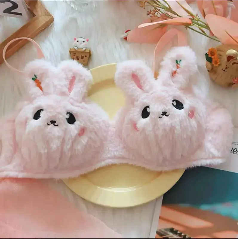 Cute Cat Paw Plush Lingerie Set for Women Warm Winter Bra & Panty with Ears Comfortable Kawaii Underwear