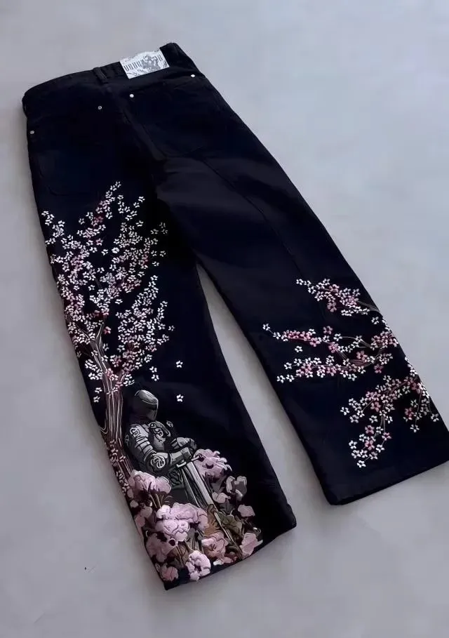 Samurai Embroidery Men Jeans Y2K Retro Harajuku Street Hip Hop High Waist Straight Pants Unisex Wide Leg Loose Denim Pants