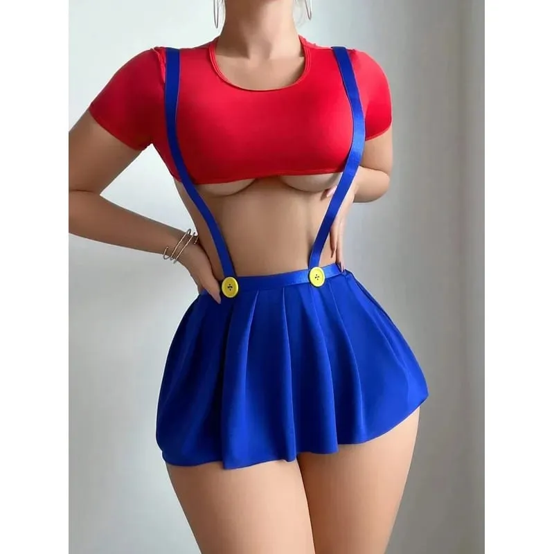 Sexy Women's Underwear Set Babydoll Lingerie Dresses Crop Top Maid Outfit 3-Piece Role-Play Costume with Pleated Skirt