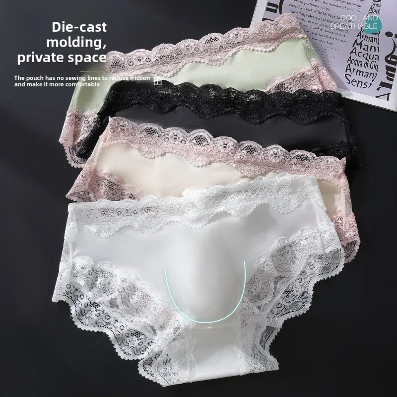 3 Pack Male Full Lace Side Briefs Ice Silk Satin 3D Molded Pouch Mid Rise Soft Smooth Men Underpants
