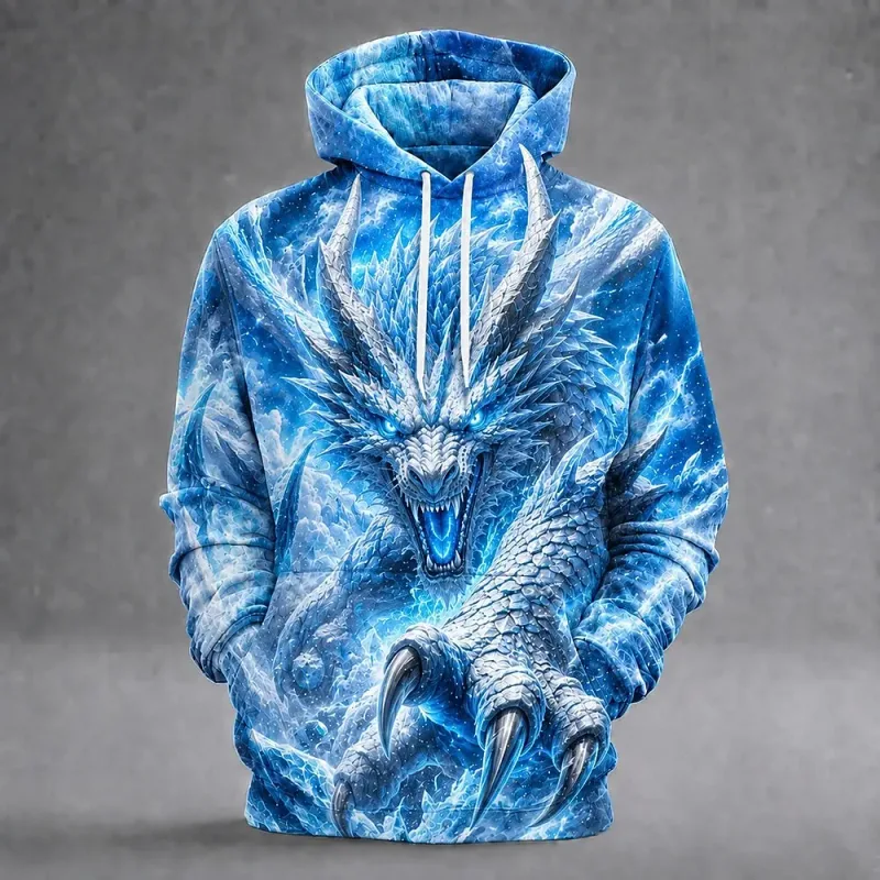 Men's Ice Dragon 3D Printed Hoodie Fantasy Dragon Graphic Lightning Ice Print Sweatshirt Long Sleeve Casual Streetwear