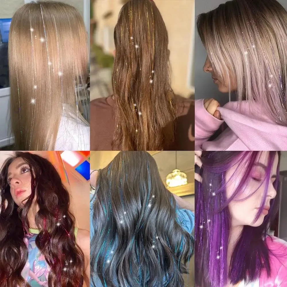 Sambungan Rambut Tinsel Berkilauan 20 Inci dengan Klip Dalam 6 Keping/Set Klip Sintetik dalam Aksesori Rambut Sparkle Fairy untuk Kanak-kanak Wanita