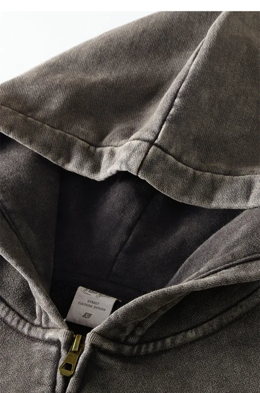 Retro Autumn Batik Washed Zipper Hoodie For Men Unisex Oversized Distressed 420gsm Terry 100% Cotton Hooded Coats HY0936